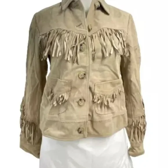 Lauren Ralph Lauren Women’s Fringe Trim Goat Suede Jacket Western Beige NWT $650 - Picture 6 of 16